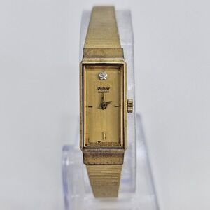 VTG Pulsar Tank Women' Watch 12MM Gold Dial Gold Bracelet Band 6" New Battery